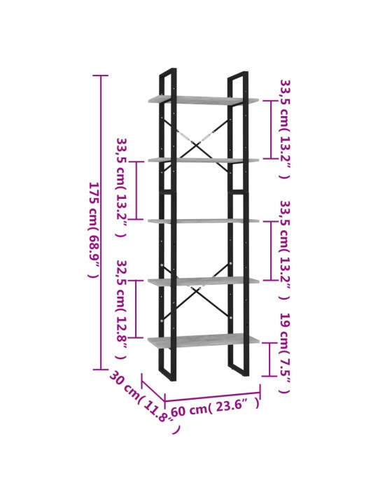 Knihovna s 5 policemi betonově šedá 60 x 30 x 175 cm kompozit