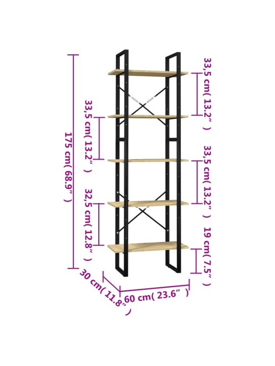 Knihovna s 5 policemi 60 x 30 x 175 cm borové dřevo