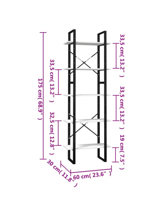 Knihovna s 5 policemi bílá 60 x 30 x 175 cm borové dřevo