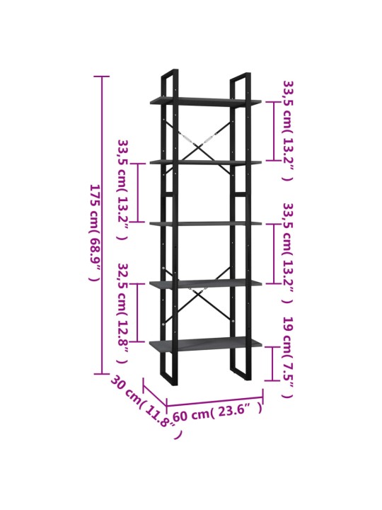 Knihovna s 5 policemi šedá 60 x 30 x 175 cm borové dřevo