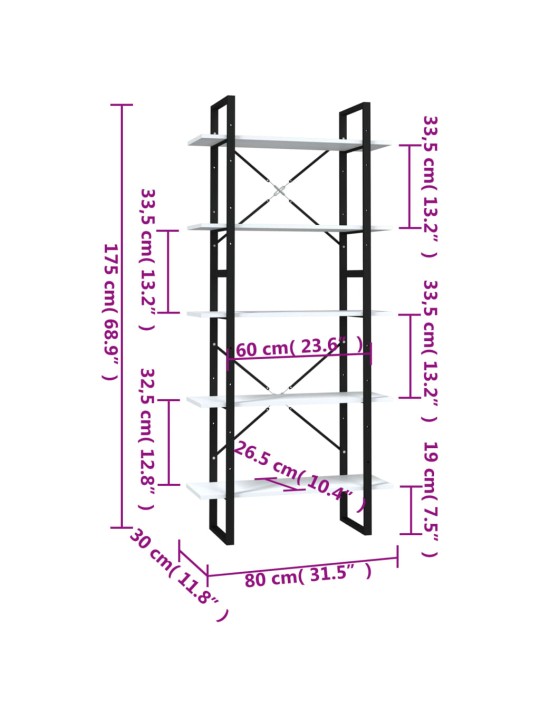 Knihovna s 5 policemi bílá 80 x 30 x 175 cm kompozitní dřevo