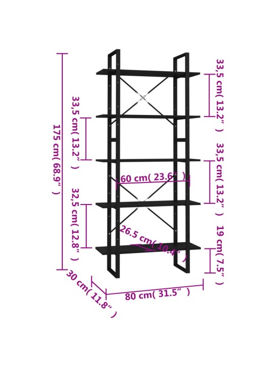 Knihovna s 5 policemi černá 80 x 30 x 175 cm kompozitní dřevo