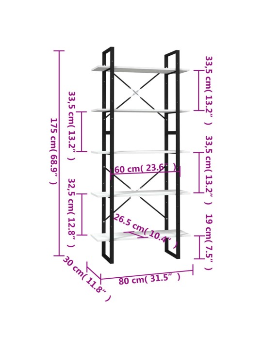 Knihovna s 5 policemi bílá 80 x 30 x 175 cm borové dřevo