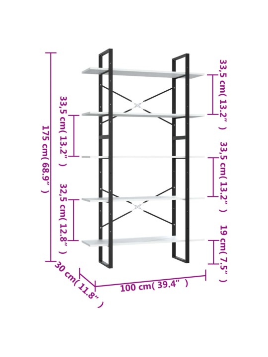 Knihovna s 5 policemi bílá 100 x 30 x 175 cm kompozitní dřevo