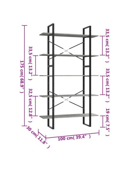 Knihovna s 5 policemi betonově šedá 100 x 30 x 175 cm kompozit