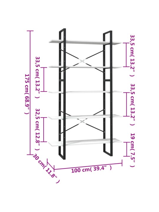 Knihovna s 5 policemi bílá 100 x 30 x 175 cm borové dřevo