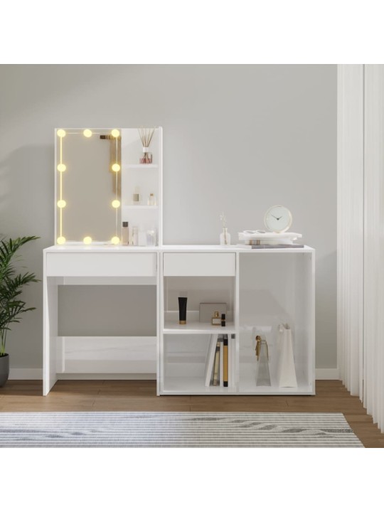 LED toaletní stolek se skříňkou lesklý bílý kompozitní dřevo