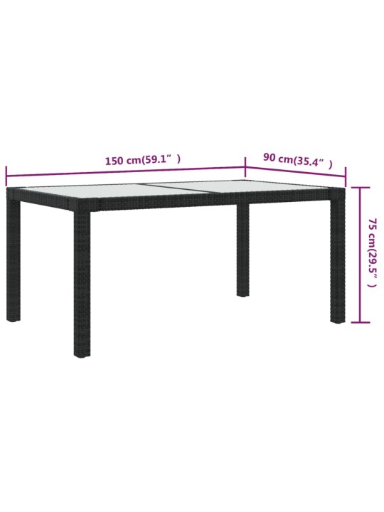 Zahradní stůl 150 x 90 x 75 cm tvrzené sklo a polyratan černý