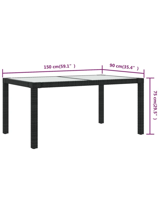 Zahradní stůl 150 x 90 x 75 cm tvrzené sklo a polyratan černý