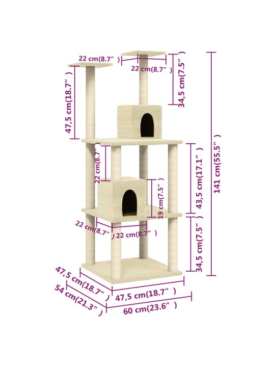 Škrabadlo pro kočky se sisalovými sloupky krémové 141 cm