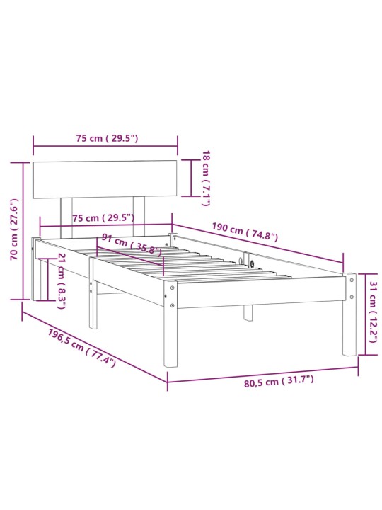 Rám postele bílý masivní dřevo 75 x 190 cm malé jednolůžko