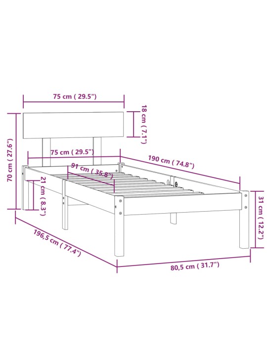 Rám postele černý masivní dřevo 75 x 190 cm malé jednolůžko