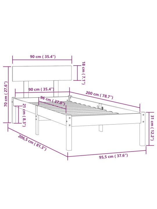 Rám postele masivní dřevo borovice 90 x 200 cm