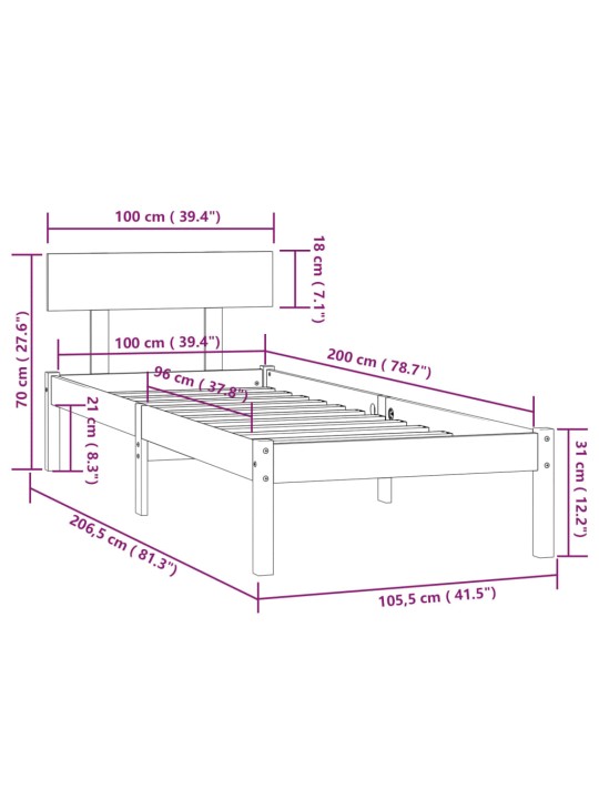 Rám postele masivní borové dřevo 100 x 200 cm