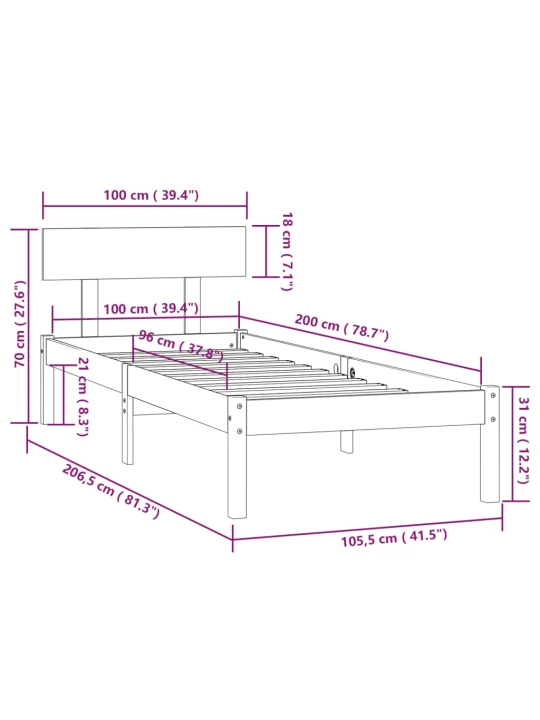 Rám postele masivní borové dřevo 100 x 200 cm