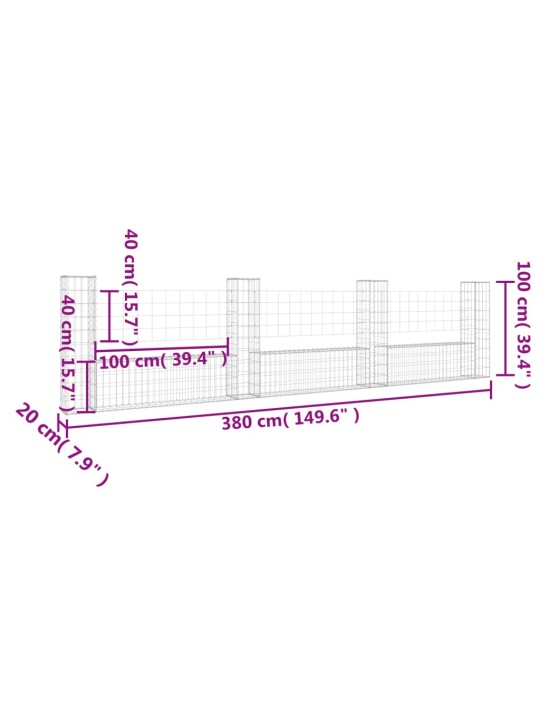 Gabionový koš ve tvaru U se 4 sloupky železo 380 x 20 x 100 cm