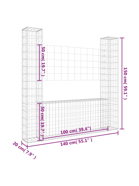 Gabionový koš ve tvaru U se 2 sloupky železo 140 x 20 x 150 cm