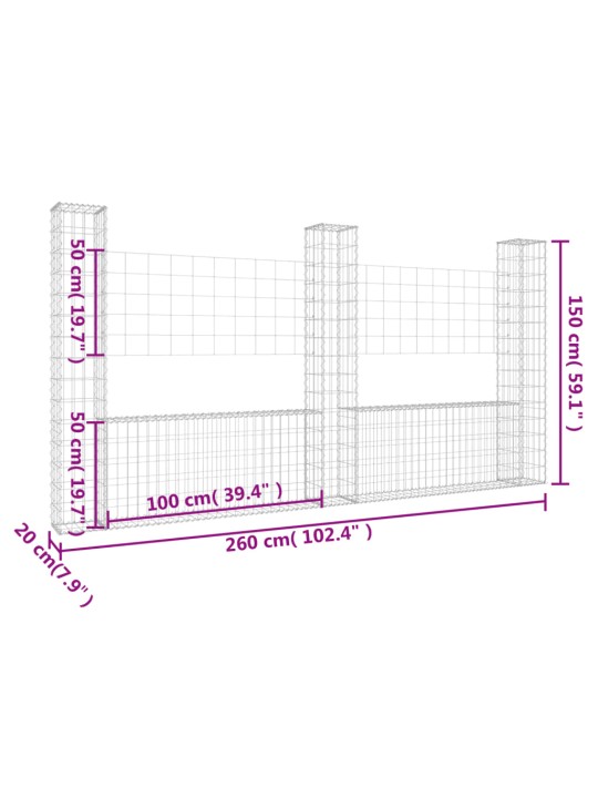 Gabionový koš ve tvaru U se 3 sloupky železo 260 x 20 x 150 cm