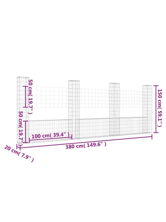 Gabionový koš ve tvaru U se 4 sloupky železo 380 x 20 x 150 cm