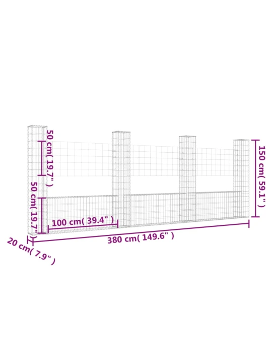 Gabionový koš ve tvaru U se 4 sloupky železo 380 x 20 x 150 cm