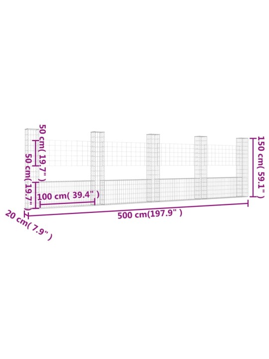 Gabionový koš ve tvaru U s 5 sloupky železo 500 x 20 x 150 cm