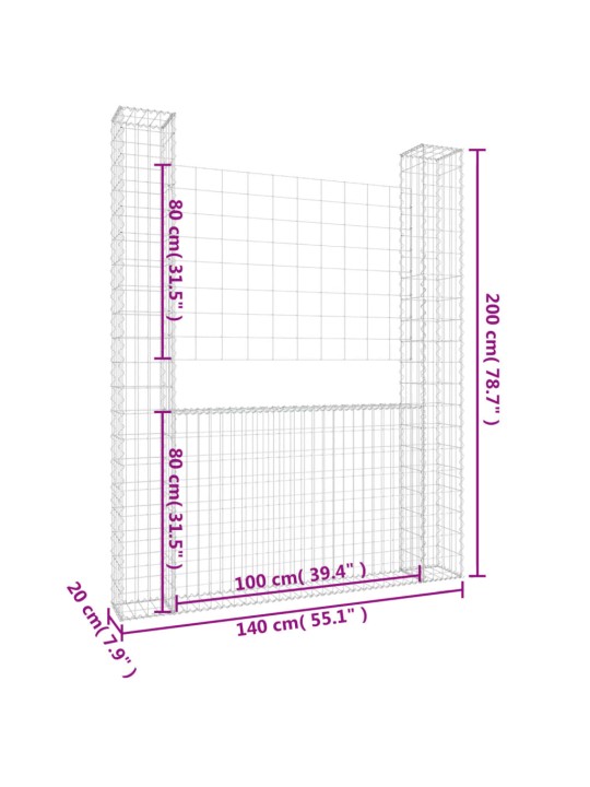 Gabionový koš ve tvaru U se 2 sloupky železo 140 x 20 x 200 cm