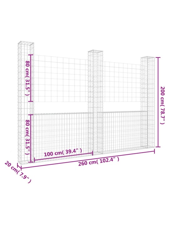 Gabionový koš ve tvaru U se 3 sloupky železo 260 x 20 x 200 cm
