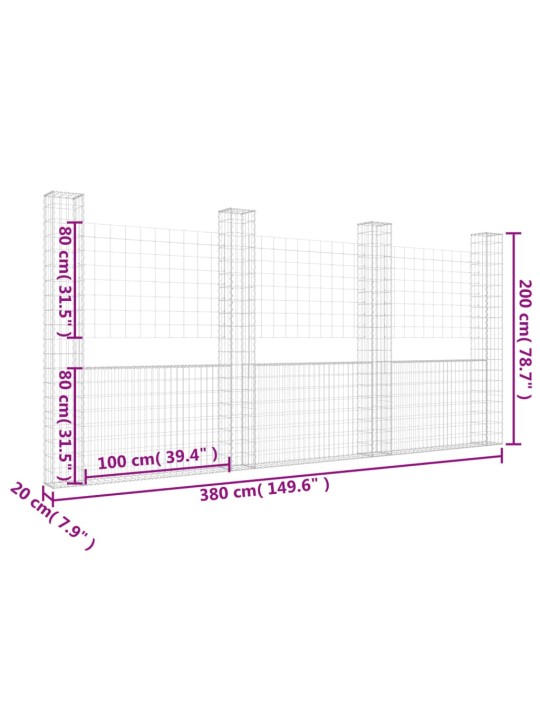 Gabionový koš ve tvaru U se 4 sloupky železo 380 x 20 x 200 cm
