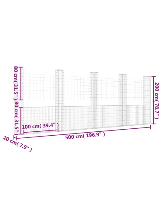 Gabionový koš ve tvaru U s 5 sloupky železo 500 x 20 x 200 cm
