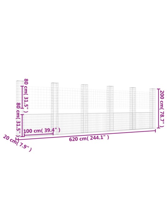 Gabionový koš ve tvaru U se 6 sloupky železo 620 x 20 x 200 cm