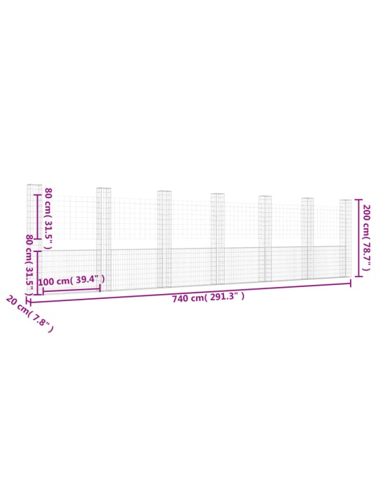 Gabionový koš ve tvaru U se 7 sloupky železo 740 x 20 x 200 cm