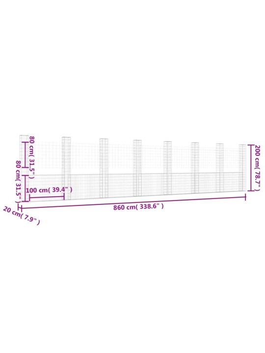 Gabionový koš ve tvaru U s 8 sloupky železo 860 x 20 x 200 cm
