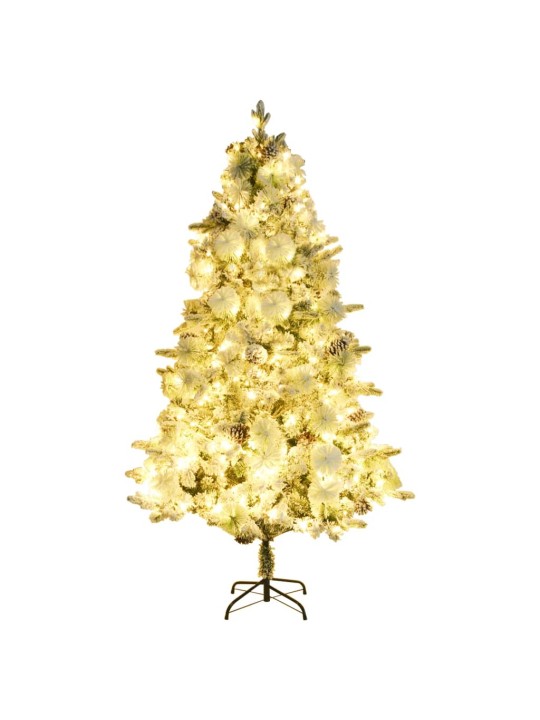 Vánoční stromek s LED zasněžený s šiškami 195 cm PVC a PE
