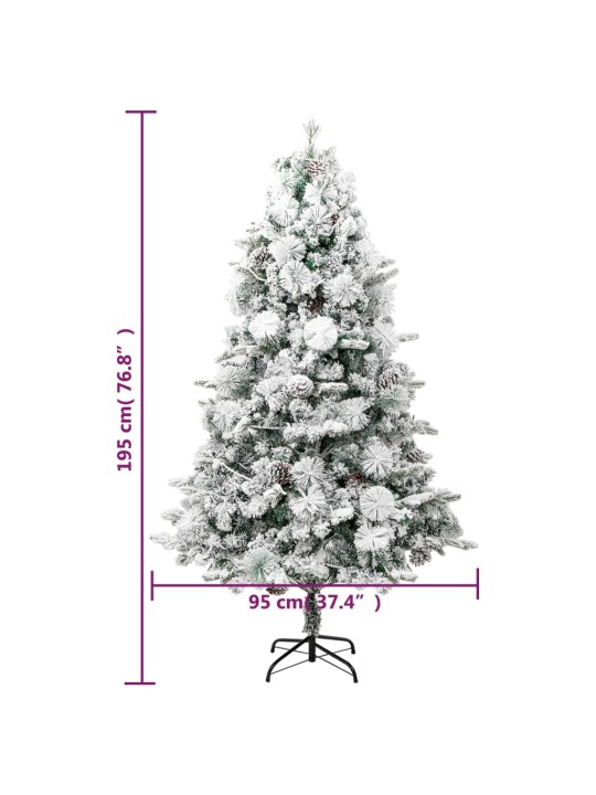 Vánoční stromek s LED zasněžený s šiškami 195 cm PVC a PE