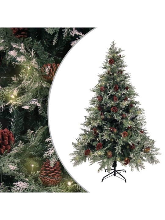 Vánoční stromek s LED a šiškami zelený a bílý 150 cm PVC a PE