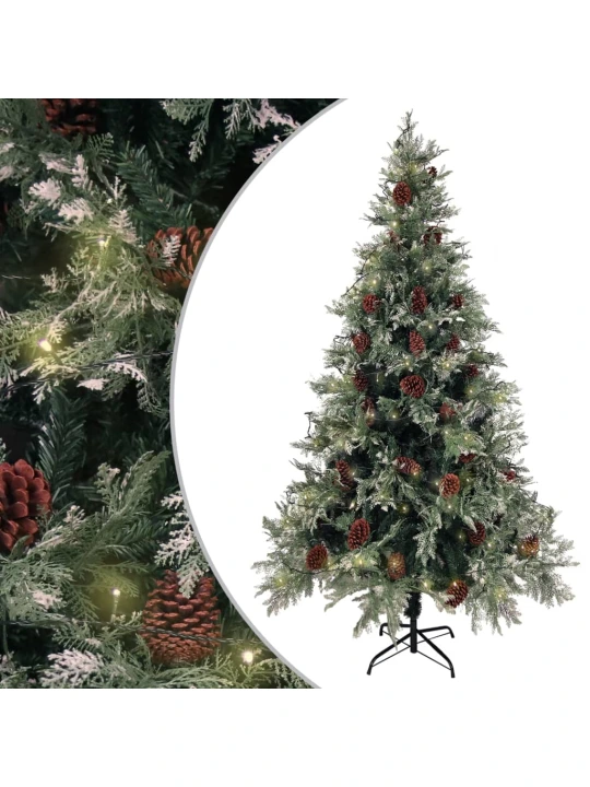 Vánoční stromek s LED a šiškami zelený a bílý 195 cm PVC a PE