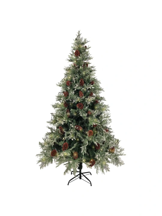 Vánoční stromek s LED a šiškami zelený a bílý 195 cm PVC a PE