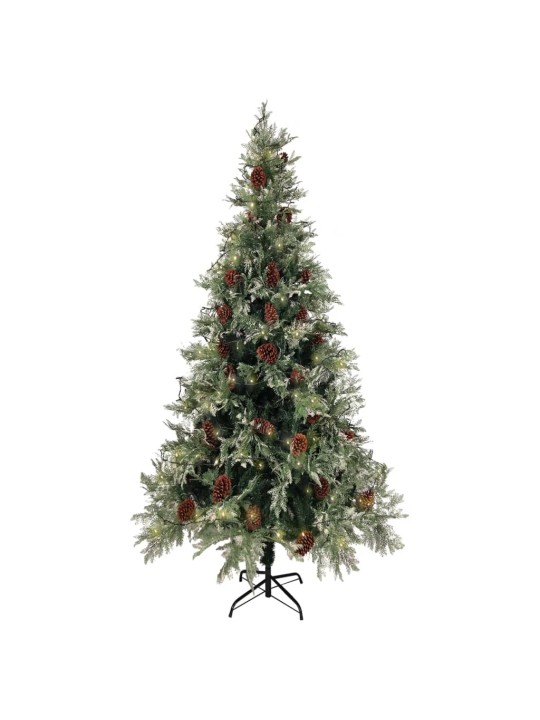 Vánoční stromek s LED a šiškami zelený a bílý 225 cm PVC a PE