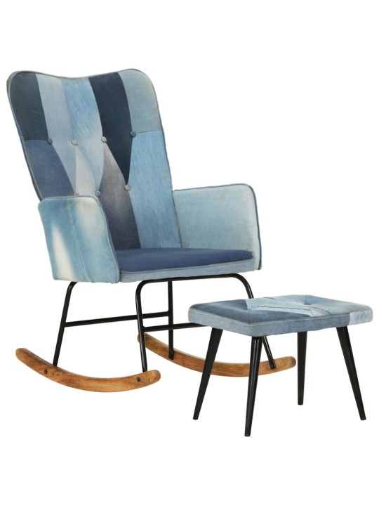 Houpací křeslo s podnožkou modré denim patchwork plátno