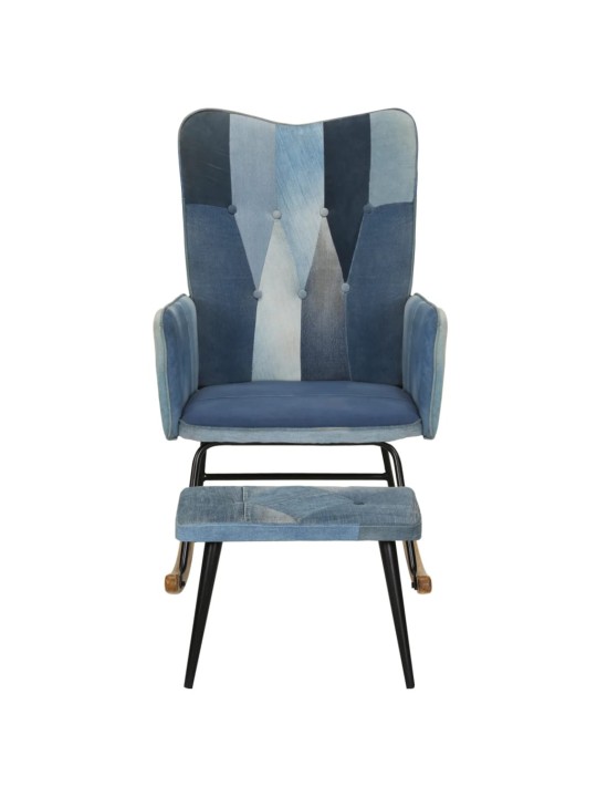 Houpací křeslo s podnožkou modré denim patchwork plátno
