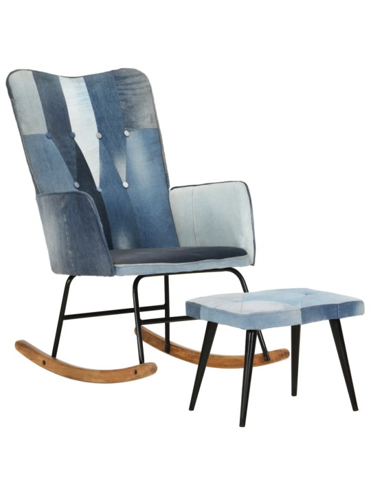 Houpací křeslo s podnožkou modré denim patchwork plátno