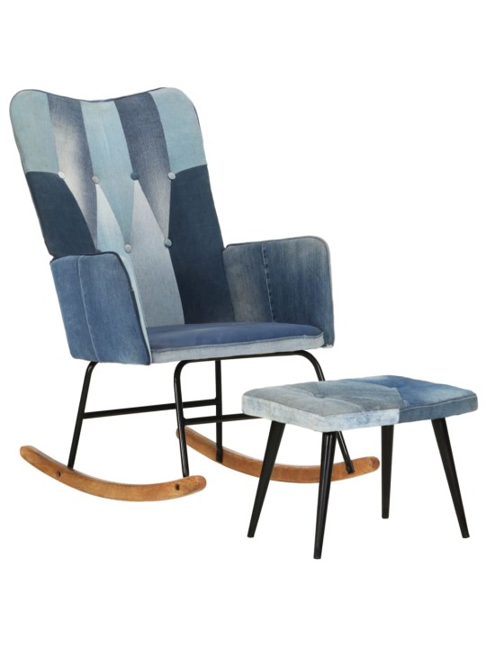 Houpací křeslo s podnožkou modré denim patchwork plátno
