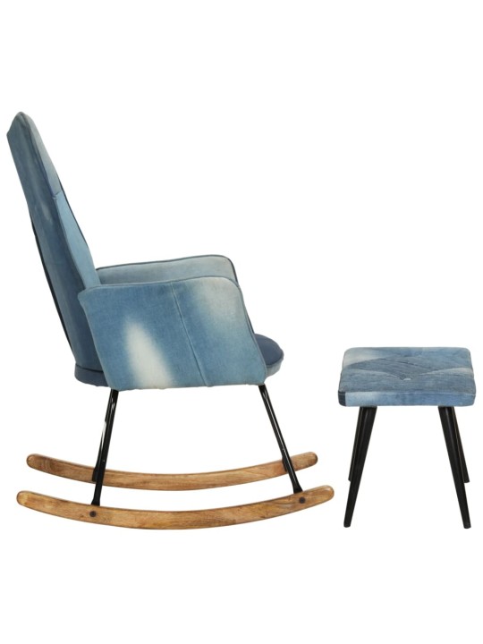 Houpací křeslo s podnožkou modré denim patchwork plátno