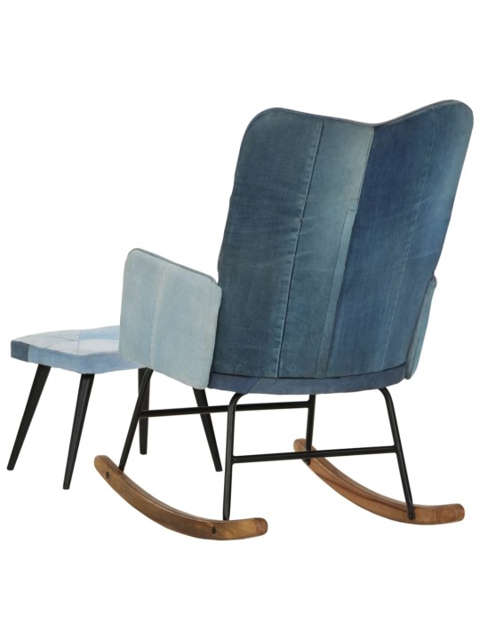 Houpací křeslo s podnožkou modré denim patchwork plátno