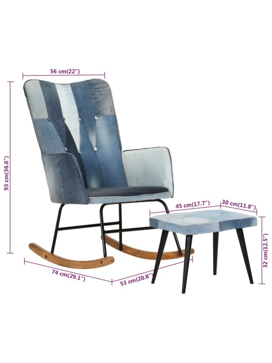 Houpací křeslo s podnožkou modré denim patchwork plátno