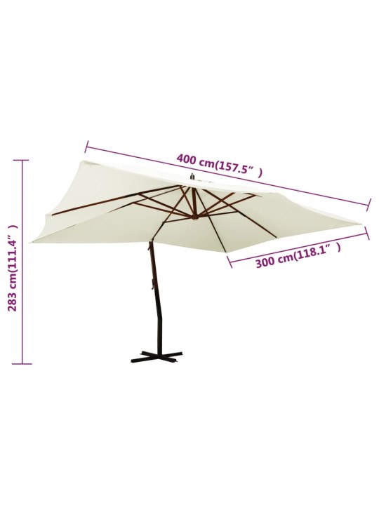 Boční zahradní slunečník dřevěná tyč 400 x 300 cm pískově bílý