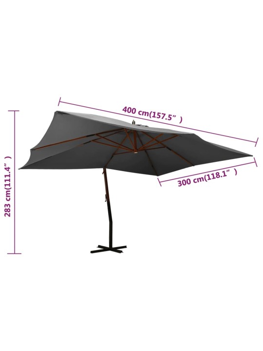 Boční zahradní slunečník s dřevěnou tyčí 400x300 cm antracitový