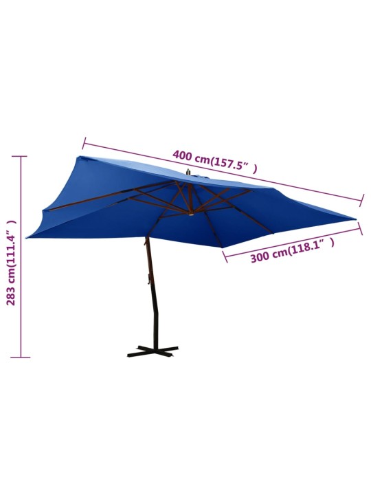 Boční zahradní slunečník dřevěná tyč 400 x 300 cm azurově modrý