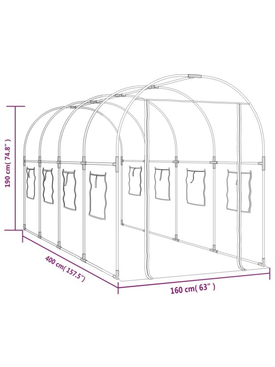 Skleník průhledný 160 x 400 x 190 cm PVC práškově lakovaná ocel