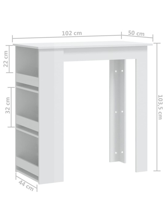 Barový stůl s úložným regálem bílý vysoký lesk 102x50x103,5 cm